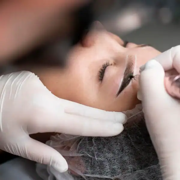 Une femme se fait épiler les sourcils dans un salon de beauté.