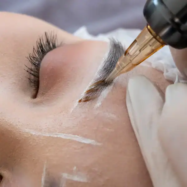 Une femme se fait épiler les sourcils à l'aide d'une machine dans un salon de beauté.